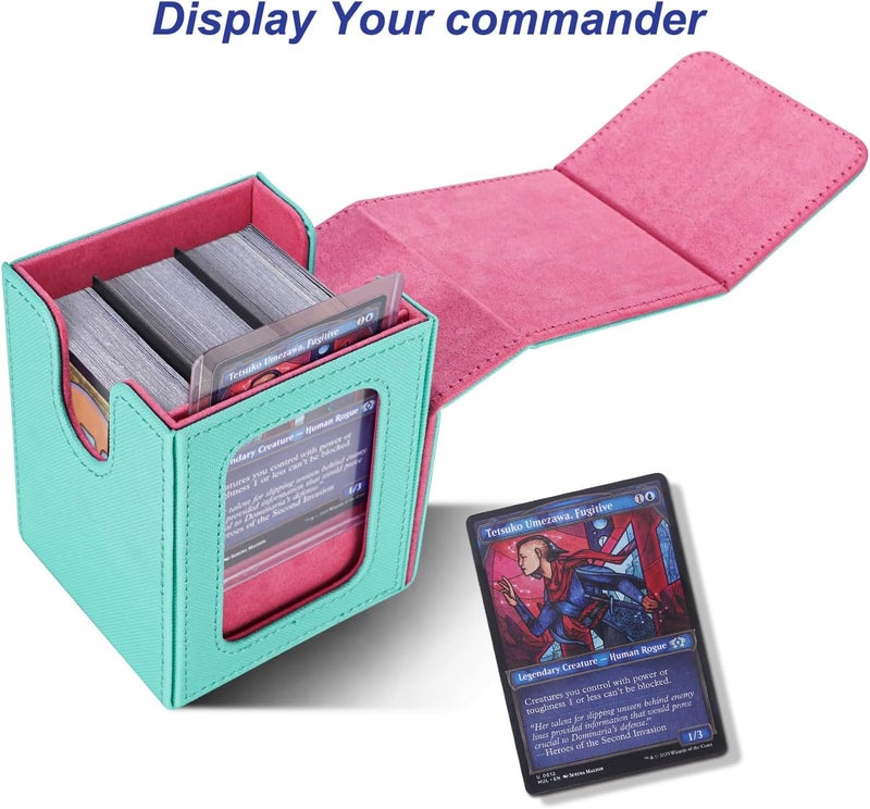 AFIING MTG Deck Box for Commander Display,Card Deck Case Fits 100 Double Sleeved Cards, Magic Commander TCG Card Storage Box with 2 Dividers,Dice Bag and 1 Toploader(Green Rose pink) - Image 2